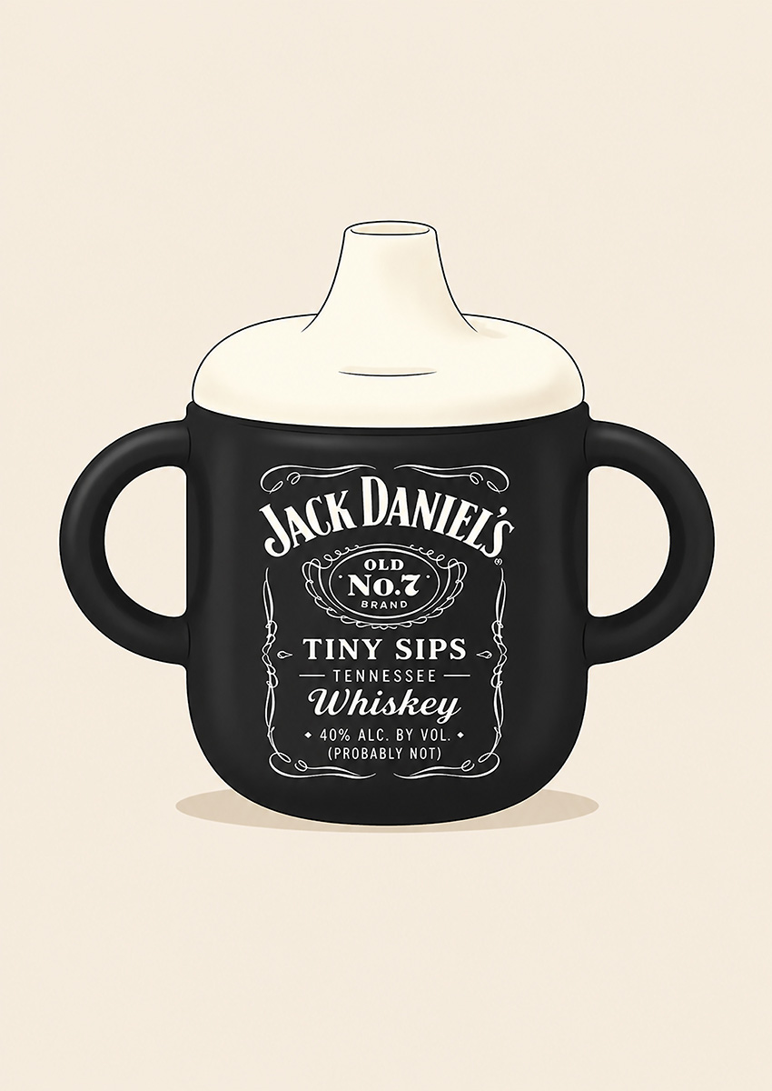 A minimalist graphic artwork of a black sippy cup designed with a humorous Jack Daniel's label theme